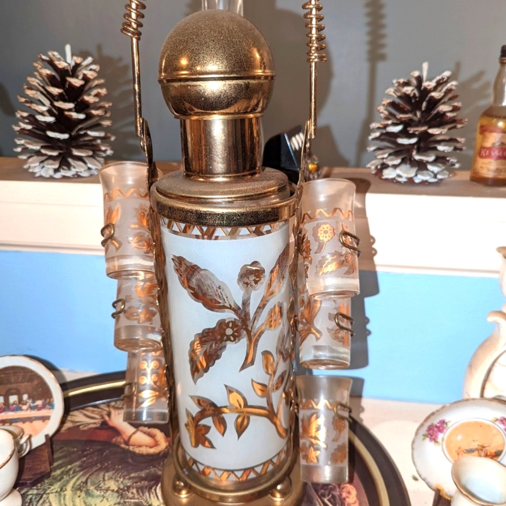 Vintage Decanter Set 1940s Glenshaw Glass Works Metal Bar Set